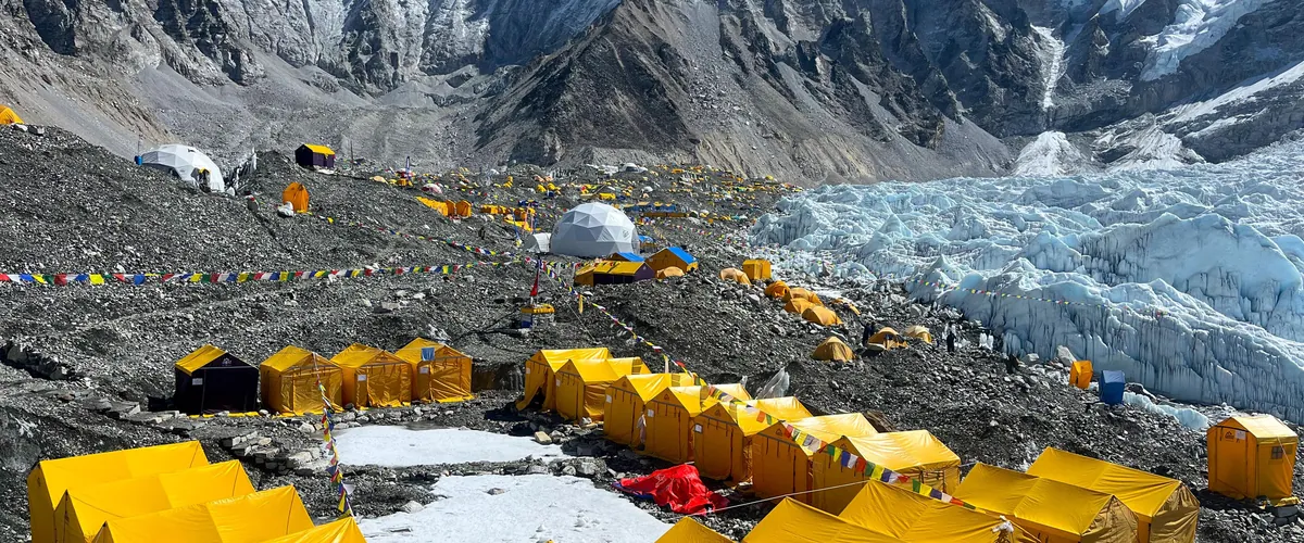 Everest Base Camp tents beside the Khumbu Glacier