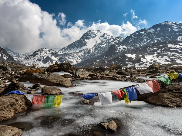 Prayer flags by the frozen lake